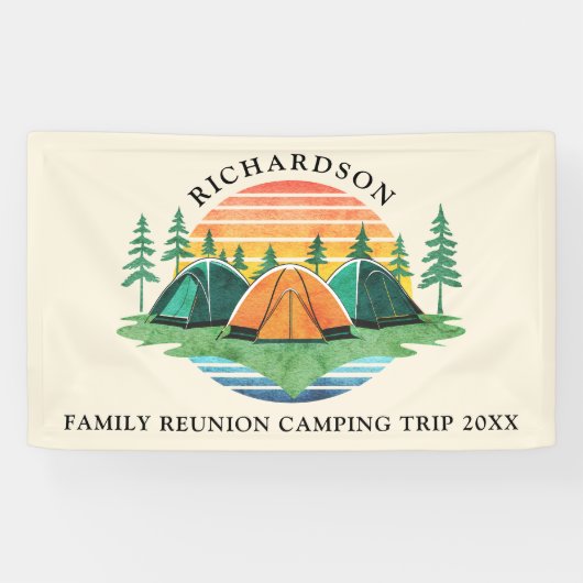 Retro Zonsondergang Bos Camping Aangepaste Familie Spandoek (Horizontaal)