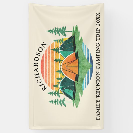 Retro Zonsondergang Bos Camping Aangepaste Familie Spandoek (Verticaal)