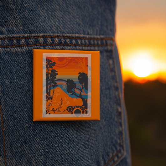 Retro Zonsondergang Bos Landschap Abstract Vierkante Button 5,1 Cm