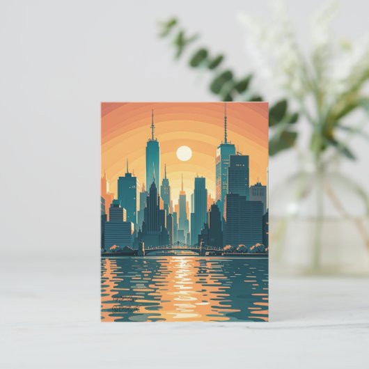 Retro  zonsondergang boven Manhattan Briefkaart (Staand voorkant)