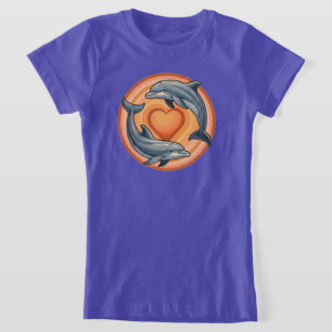 Retro Zonsondergang Dolfijnen Hart Cirkel Grafiek T-shirt