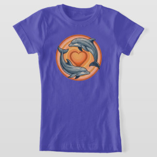 Retro Zonsondergang Dolfijnen Hart Cirkel Grafiek T-shirt