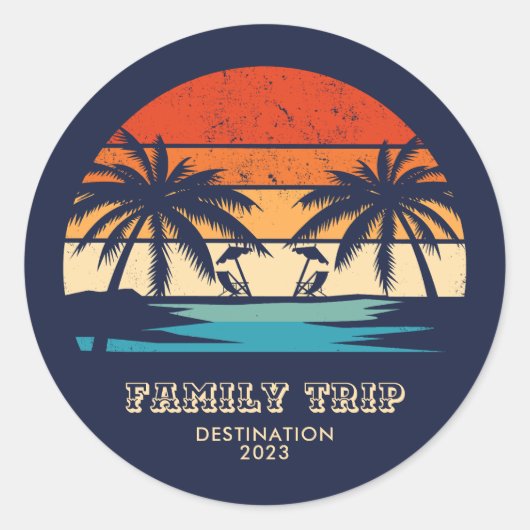 Retro zonsondergang Familiereis Strand Palm Tree M Ronde Sticker (Voorkant)