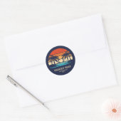 Retro zonsondergang Familiereis Strand Palm Tree M Ronde Sticker (Envelop)