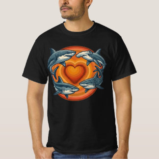 Retro Zonsondergang Haaienploeg Hart Cirkel Kunst T-shirt