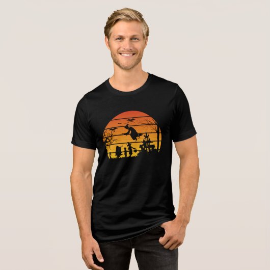 Retro zonsondergang halloween heks spooky enge gro Tri-Blend shirt (Voorkant volledig)