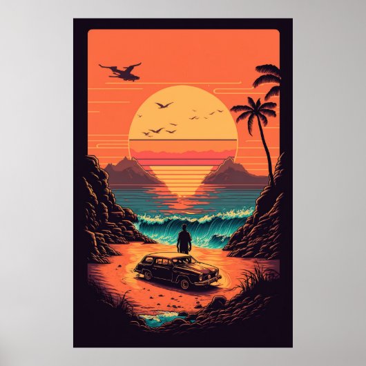 Retro zonsondergang in strand poster (Voorkant)
