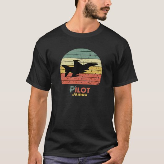Retro zonsondergang, Jet Fighter vliegtuig, piloot T-shirt (Voorkant)