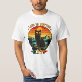 Retro Zonsondergang Kat T-shirt, Zwarte Kat Vintag T-shirt