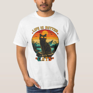 Retro Zonsondergang Kat T-shirt, Zwarte Kat Vintag T-shirt