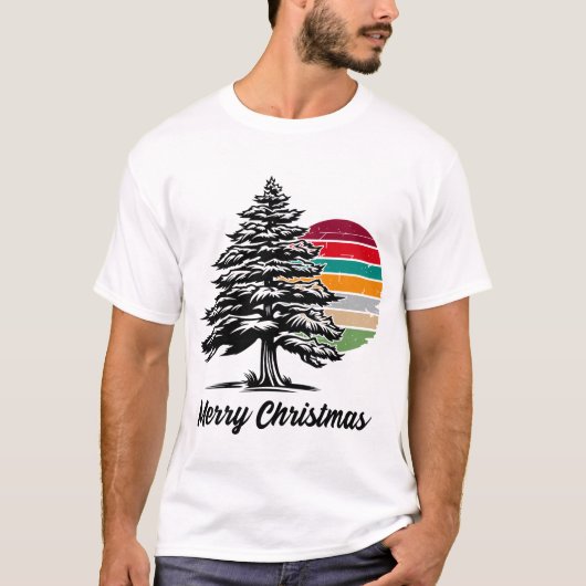 Retro Zonsondergang Kerstboom ontwerp T-shirt (Voorkant)