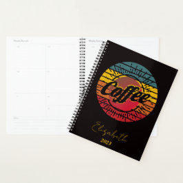 Retro zonsondergang koffie gepersonaliseerd, jaar  planner