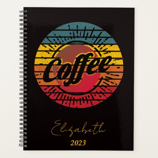 Retro zonsondergang koffie gepersonaliseerd, jaar  planner (Voorkant)