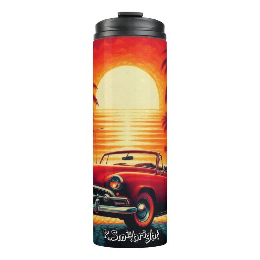 Retro Zonsondergang met Klassieke Convertible Thermosbeker (Voorkant)