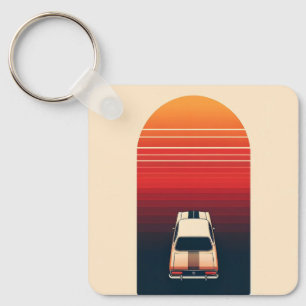 Retro Zonsondergang Minimalistische Vintage Auto W Sleutelhanger