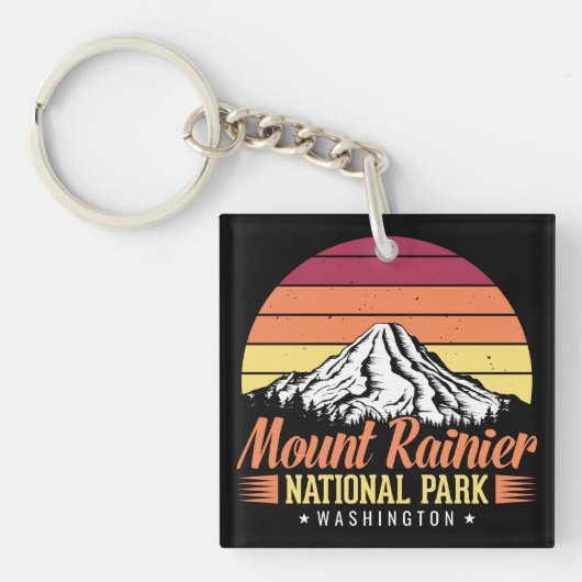 Retro Zonsondergang Mount Rainier Washington Illus Sleutelhanger (voorkant)