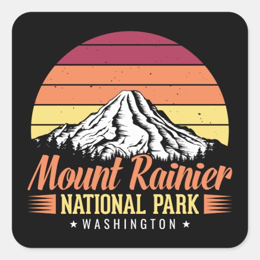 Retro Zonsondergang Mount Rainier Washington Illus Vierkante Sticker (Voorkant)