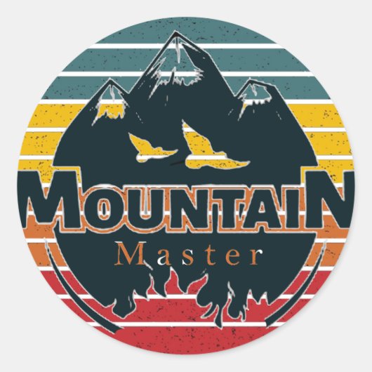 Retro zonsondergang Mountain master Ronde Sticker (Voorkant)