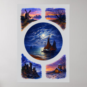 Retro Zonsondergang & Nacht Landschap Vignetten Poster