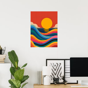 Retro Zonsondergang Oceaan Golven Abstract Bauhaus Poster