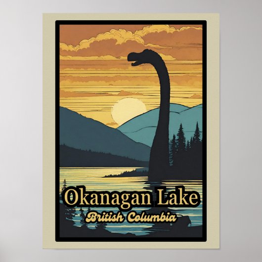 Retro zonsondergang Ogopogo de Okanagan Lake Monst Poster (Voorkant)