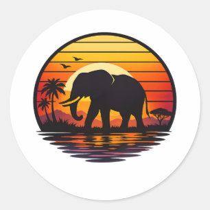 Retro Zonsondergang Olifant Silhouet Ronde Sticker