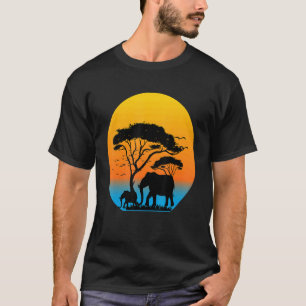 Retro Zonsondergang Olifantenfamilie Wild Dier Est T-shirt