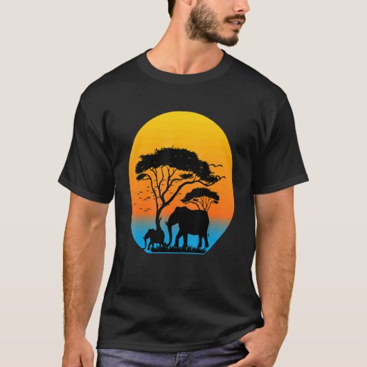Retro Zonsondergang Olifantenfamilie Wild Dier Est T-shirt (Voorkant)