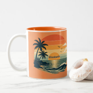Retro Zonsondergang Oranje Strand Tropisch Cadeau Tweekleurige Koffiemok