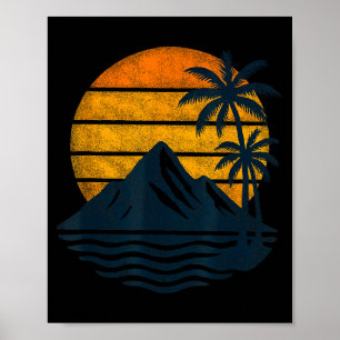 Retro Zonsondergang Palm Bomen Bergen Zee Strand Poster