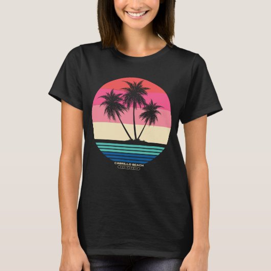 Retro Zonsondergang Palmboom Cabrillo Beach T-shirt (Voorkant)