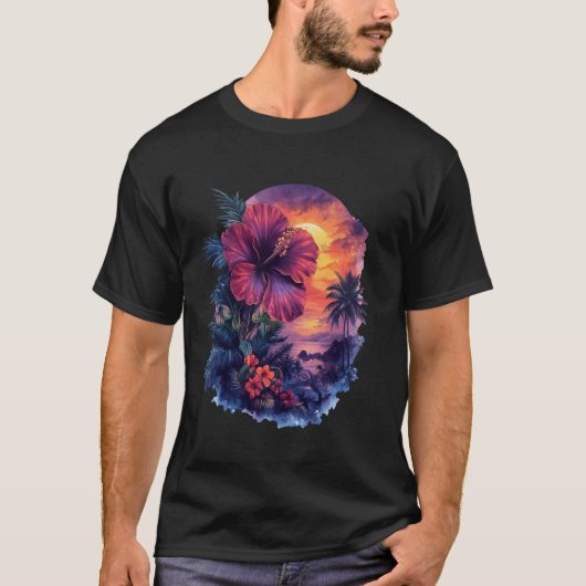 Retro Zonsondergang Palmboom T-shirt (Voorkant)