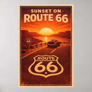 Retro Zonsondergang Route 66 Vintage Reis Schilder Poster