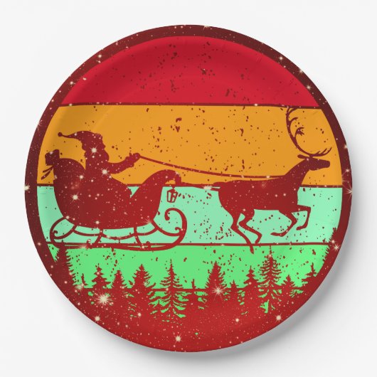 Retro  Zonsondergang Santa Sleigh 9" Papieren Bordje (Voorkant)