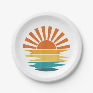 Retro Zonsondergang Stralen Golvend Vintage Retro  Papieren Bordje