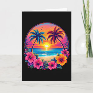 Retro Zonsondergang Strand Tropisch Bloemmotief Zo Kaart