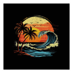 Retro Zonsondergang Tropische Vintage Strand Palmb Perfect Poster