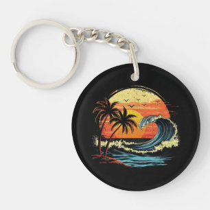 Retro Zonsondergang Tropische Vintage Strand Palmb Sleutelhanger