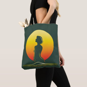 Retro zonsondergang vrouwelijke silhouet tote bag