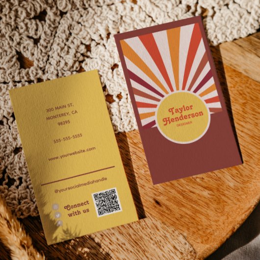 Retro Zonsondergang Zonnestralen Social Media QR C Visitekaartje