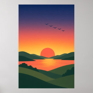 Retro Zonsopgang Heuvels Meer Landschapsprint Poster