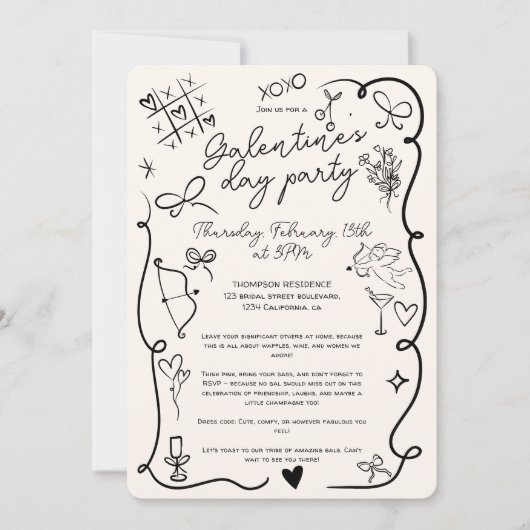 Retro zwart beige Quirky Galentine's Day Party Kaart (Voorkant)