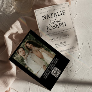 Retro Zwart Crème Oude Rijkdom Foto QR Code Trouwf Kaart