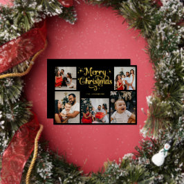 Retro Zwart en Goud Prettig Kerstmis Familie Foto Folie Feestdagenkaart