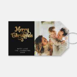 Retro Zwart en Goud Vrolijk Kerstfeest Familiefoto Cadeaulabel