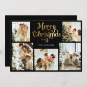 Retro Zwart en Goud Vrolijk Kerstfeest Familiefoto Feestdagenkaart (Voorkant / Achterkant)