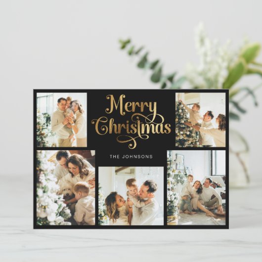 Retro Zwart en Goud Vrolijk Kerstfeest Familiefoto Feestdagenkaart (Staand voorkant)