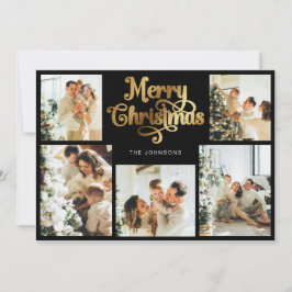 Retro Zwart en Goud Vrolijk Kerstfeest Familiefoto Feestdagenkaart