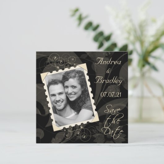Retro zwart en ivoor foto trouwkaart Save the Date (Staand voorkant)