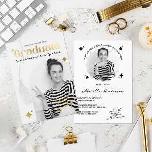 Retro Zwart en Wit Glitter Afstuderen Folie Uitnodiging